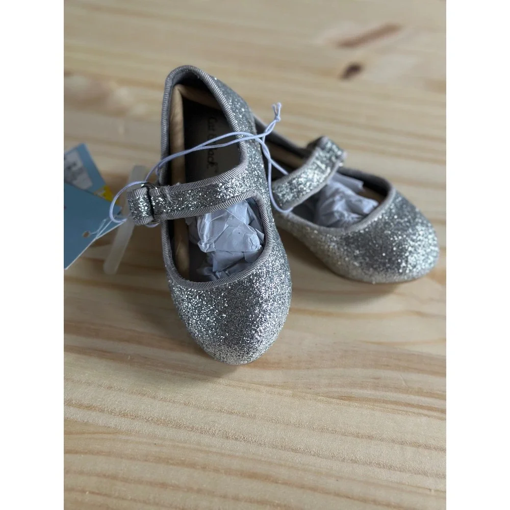 Cat & Jack Toddler Girls Silver Glitter Mary Jane Flats Memory Foam Size 5 NWT